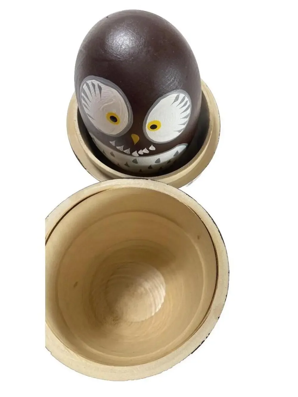 Wooden Owl Nesting Dolls - 10 Piece Set - Brown and White - Hand-Painted